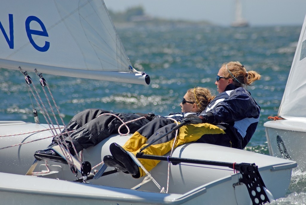 Marla Menninger (Newport Beach, Calif.) a rising junior, and Jane Macky surf through Narragansett Bay in the 2008 Inter-Collegiate Sailing Association Women’s National Championship © Glennon Stratton / GTSphotos.com http//www.gtsphotos.com